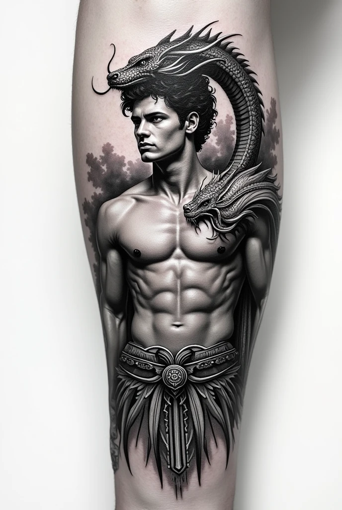 Black and white forearm tattoo with the figure of a young God, menswear, warrior, with the armor of the Olympian God and the great head of a serpent 