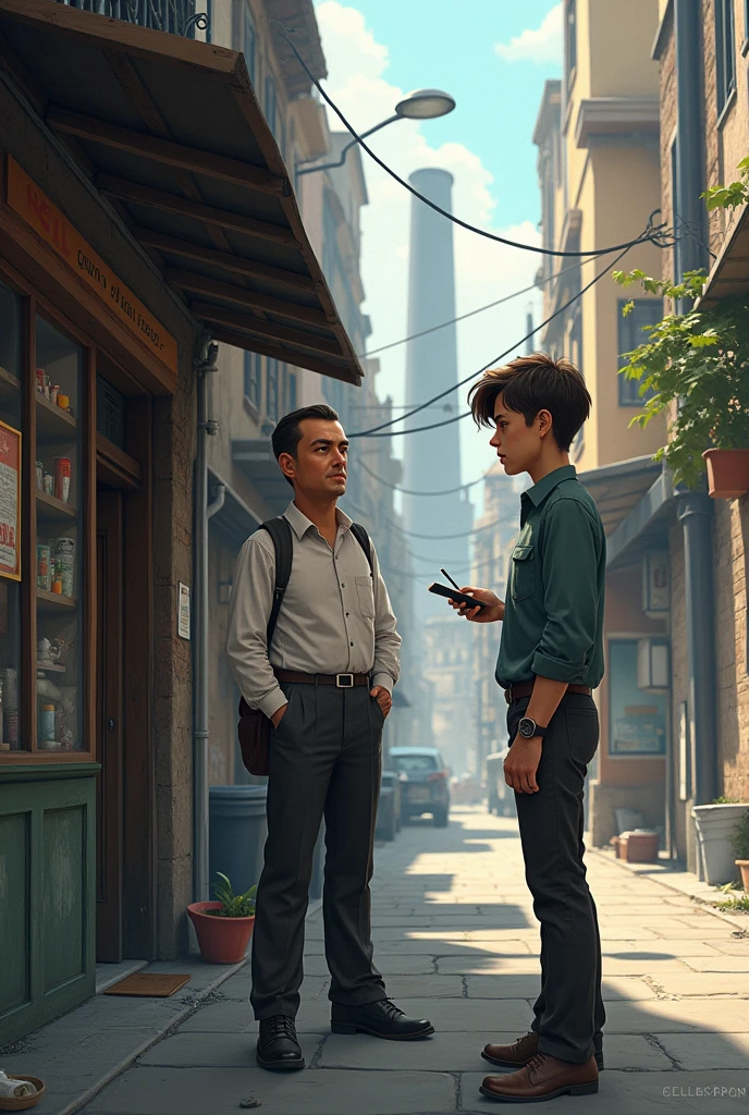 Environment: Street in front of the factory, with a more urban and slightly worn-out setting. Visual Details: Mr. Joaquim in a small store or on the sidewalk, with a hesitant expression. Clara with a notepad, asking Mr. Joaquim questions. Background with city elements, showing a typical atmosphere of an old neighborhood. 