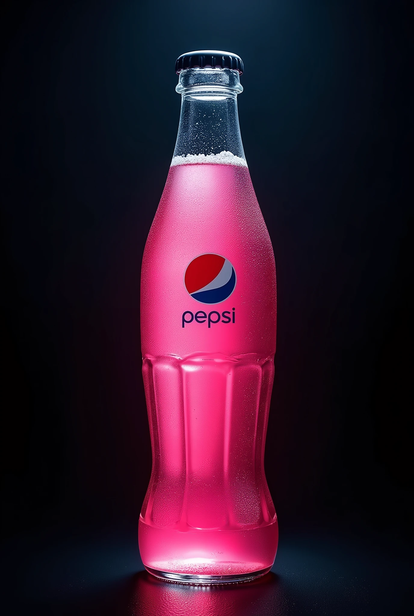 arafed bottle of PEPSI refrigerator with a pink liquid inside, dramatic product photography, commercial product photography, pbr render, hyper-realistic poison bottle, miniature product photo, product photography, product photography 4 k, hyper-realistic colorful photo, “hyper realistic, PEPSI, dramatic product photo, hyper-realistic detailed rendering, refrigerator, against a deep black background, 35mm Product Photo, brushed glass bottle, horizon image"