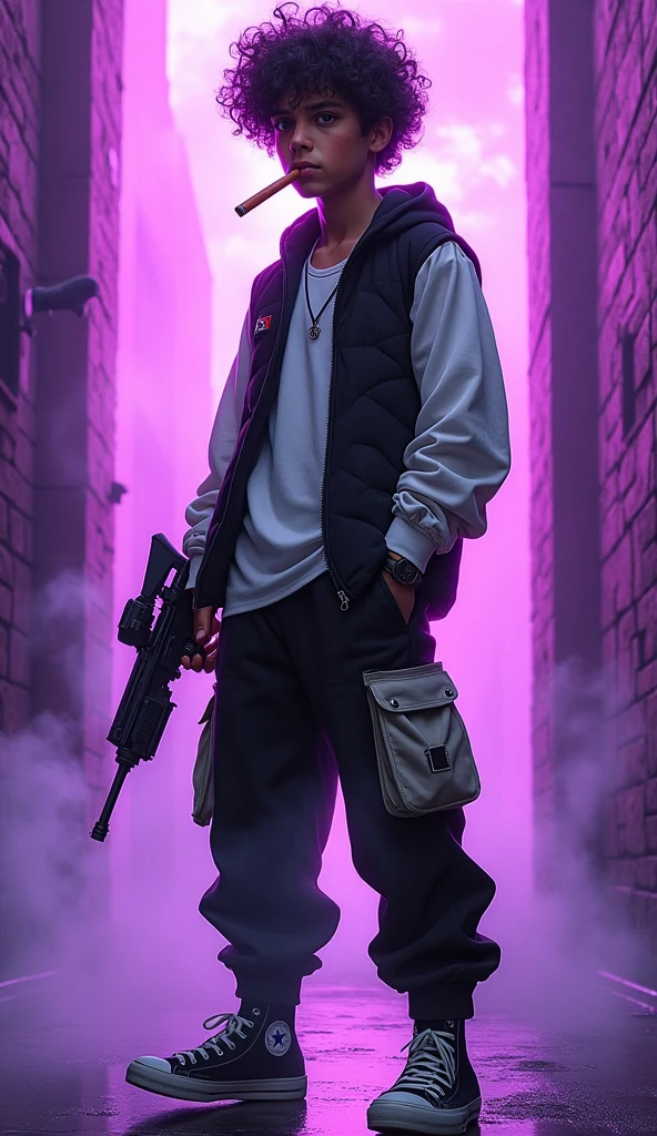 A boy with a height of 1 meter 55 centimeters of full body, with curly hair, Brown eyes (NOT SO BIG) moreno, with a white long-sleeved shirt and a black vest over the white shirt, with baggy black and white pants. converse shoes, Smoking a Pall Mall Maraca Double Clip Cigar with right hand and smoke coming out of the cigar, and with a small Fine Line Tactical weapon in his left hand with a phosphorescent purple background.