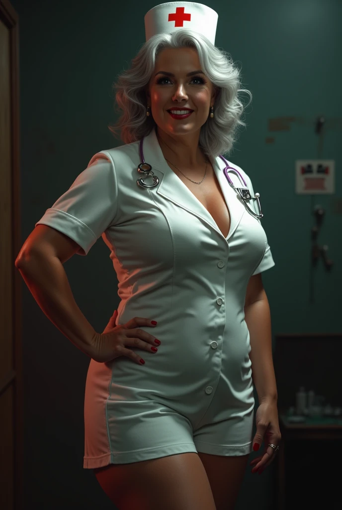 70 years old, attractive woman, silver hair, eyes, huge tits, bare breasts, huge and sensual ass, wearing a sensual translucent nurse uniform, clean, slight smile, clenched teeth, dim lighting, very high detail, high dynamic range.