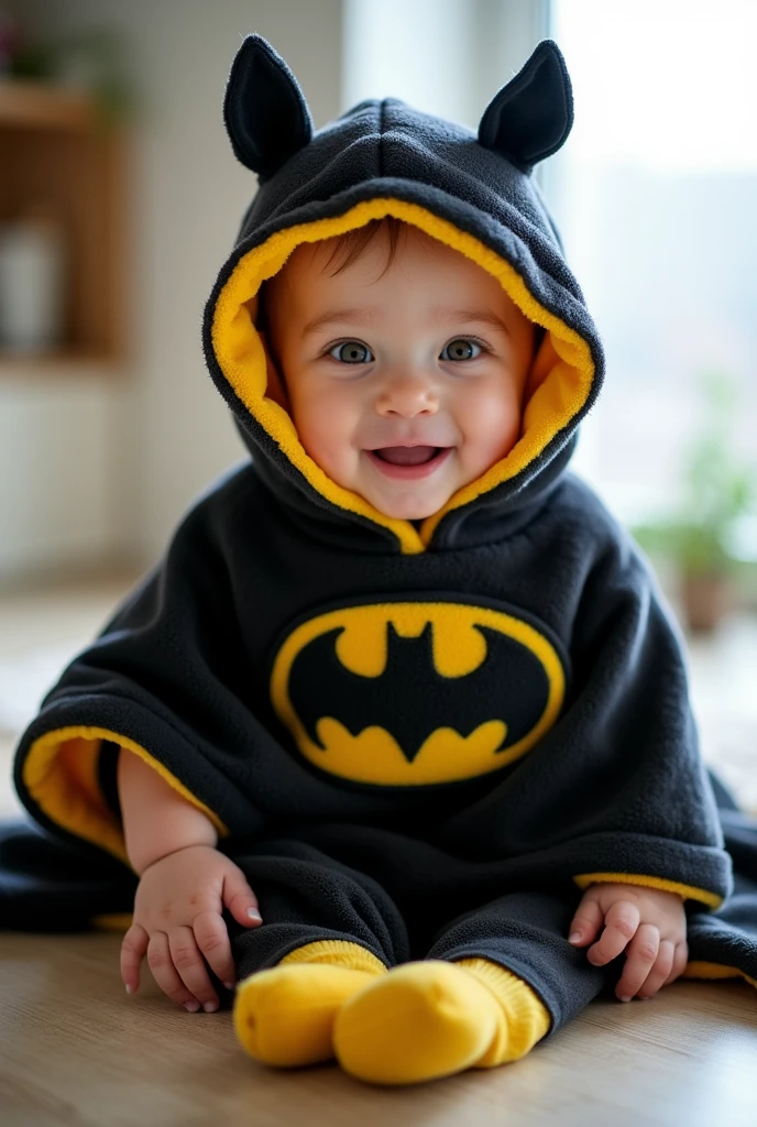Baby poncho in Batman fleece fabric with emblem on the chest and bat ears,yellow hood trim