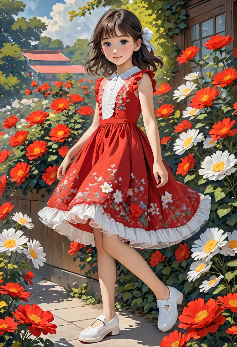 The image shows a young girl wearing a knee-length, sleeveless red dress. The dress features sheer, short sleeves and a floral decoration on the bodice. The hem of the dress has a slightly ruffled edge. She is also wearing white shoes.