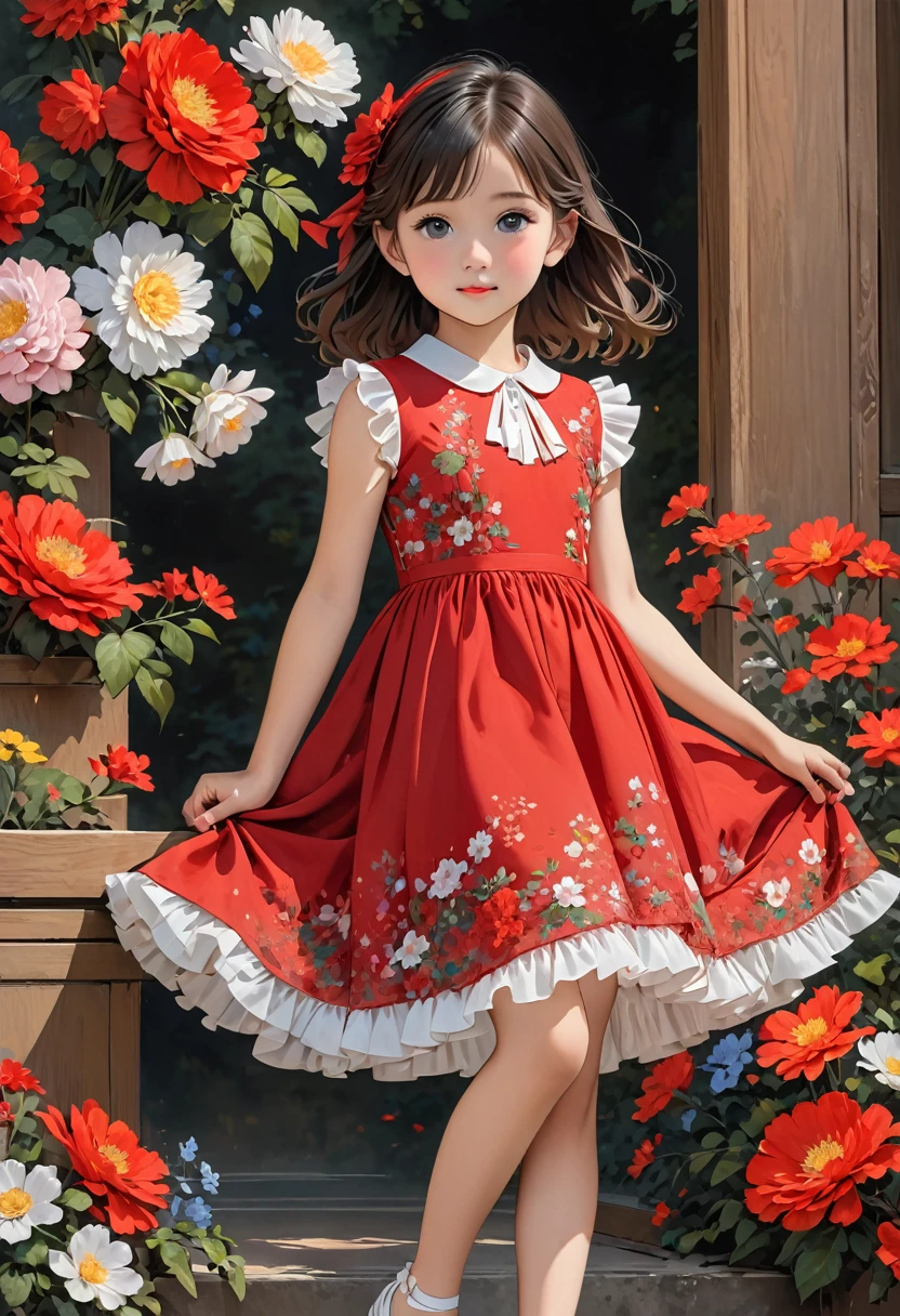 The image shows a young girl wearing a knee-length, sleeveless red dress. The dress features sheer, short sleeves and a floral decoration on the bodice. The hem of the dress has a slightly ruffled edge. She is also wearing white shoes.