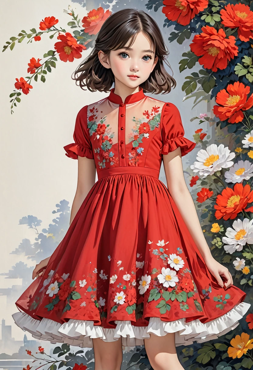 The image shows a young girl wearing a knee-length, sleeveless red dress. The dress features sheer, short sleeves and a floral decoration on the bodice. The hem of the dress has a slightly ruffled edge. She is also wearing white shoes.