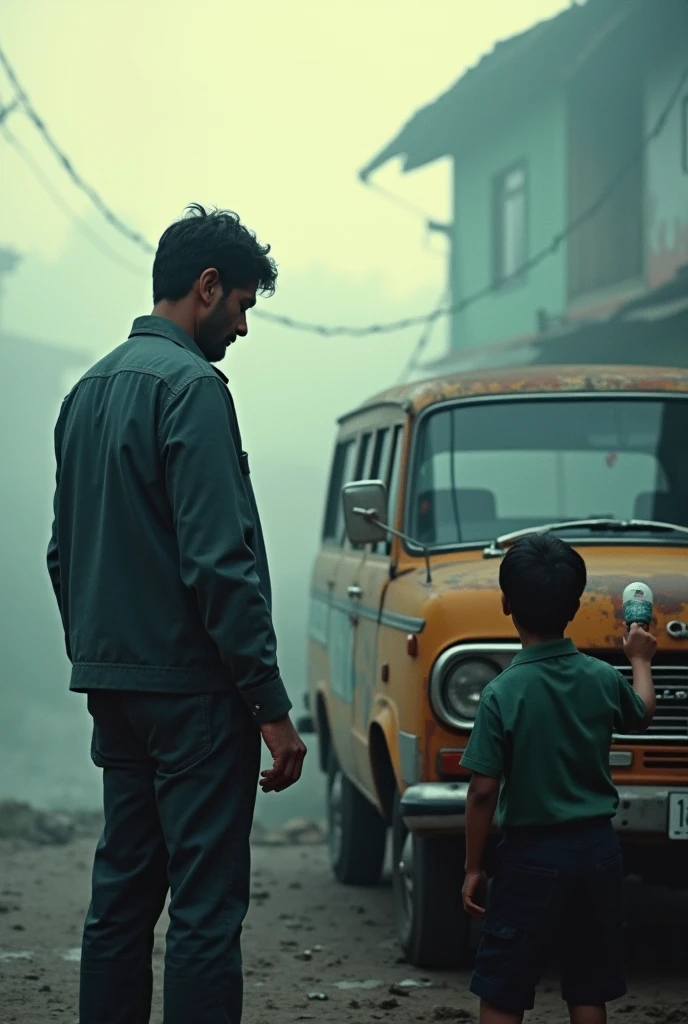 cinematic, photorealistic film poster of a cinematic, photorealistic film poster of over the shoulder shot of a man in his 30’s , his back for reference, watching his boy in his school dress applying paint brush on an old maruti Indian Van, early morning, light mist, Darjeeling