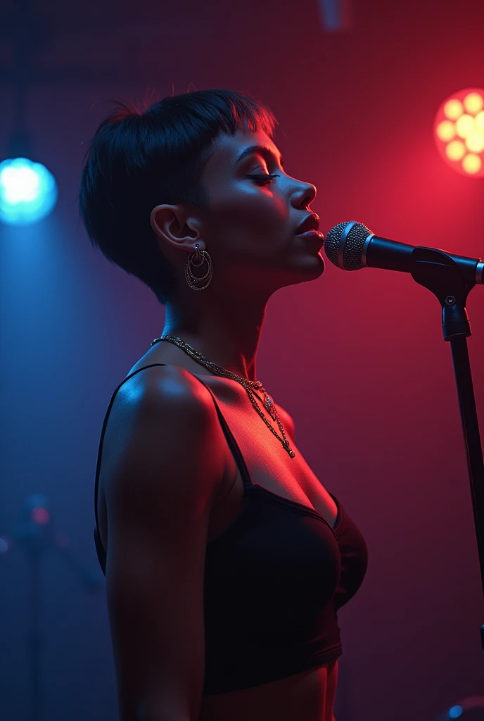 Belle jeune fille au teint noir bronsé, de 24 ans . artiste musicien , une coiffure tapers dégradé, le micro de face qui chante avec passion ,une chanson RnB/pop