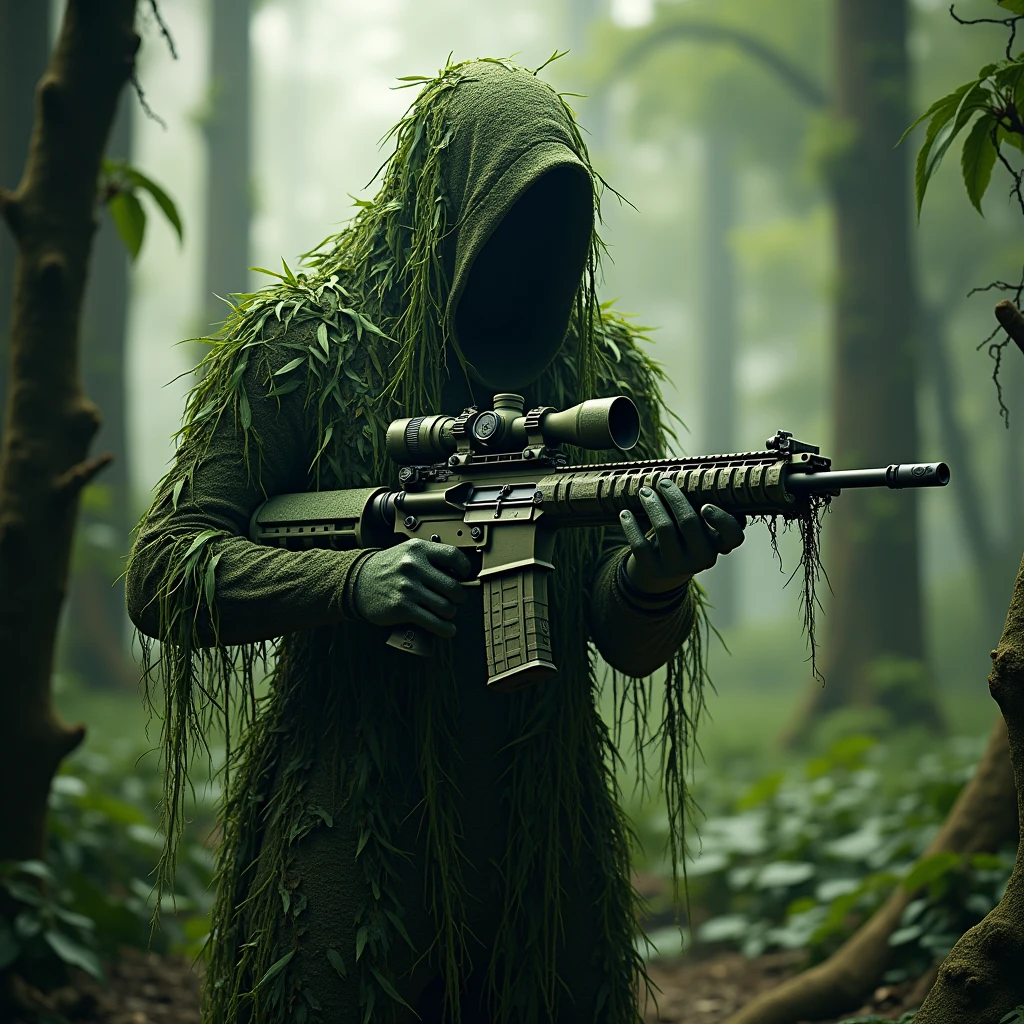 create a character from Maranhão folklore called Bicho Terra. imagine a being with a wild and imposing appearance, with no face. He wears a green camouflage that covers his entire body., blending perfectly with the vegetation around it. Camouflage is made of leaves, branches and vines, providing an almost supernatural appearance. In the hands, he holds a camouflaged AWM sniper, that integrates with your look, with details reminiscent of the dense forest of Maranhão. The backdrop should be a lush tropical forest., with tall trees and dense vegetation, highlighting the stealthy and mysterious character of the Bicho Terra..