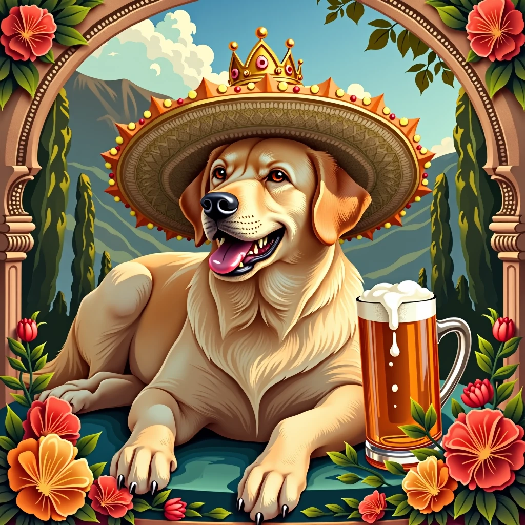 a labrador in the Spanish manner sips a crown of beer sitting in a sombreroСтиль модерн, 