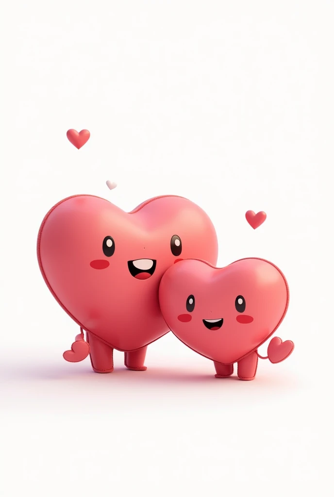 A large cartoon heart and a smaller one leaning against each other, white background, 4K, cute vibe.