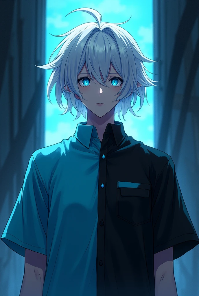 Male anime character with white hair with blue eyes and half cyan and half black shirt in half blue and half black setting
