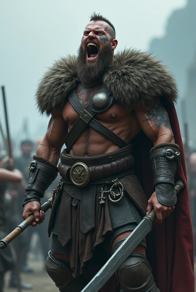 Realistic Viking warrior screaming with teeth bared with a Norse tattoo around his eye and with his eyes open