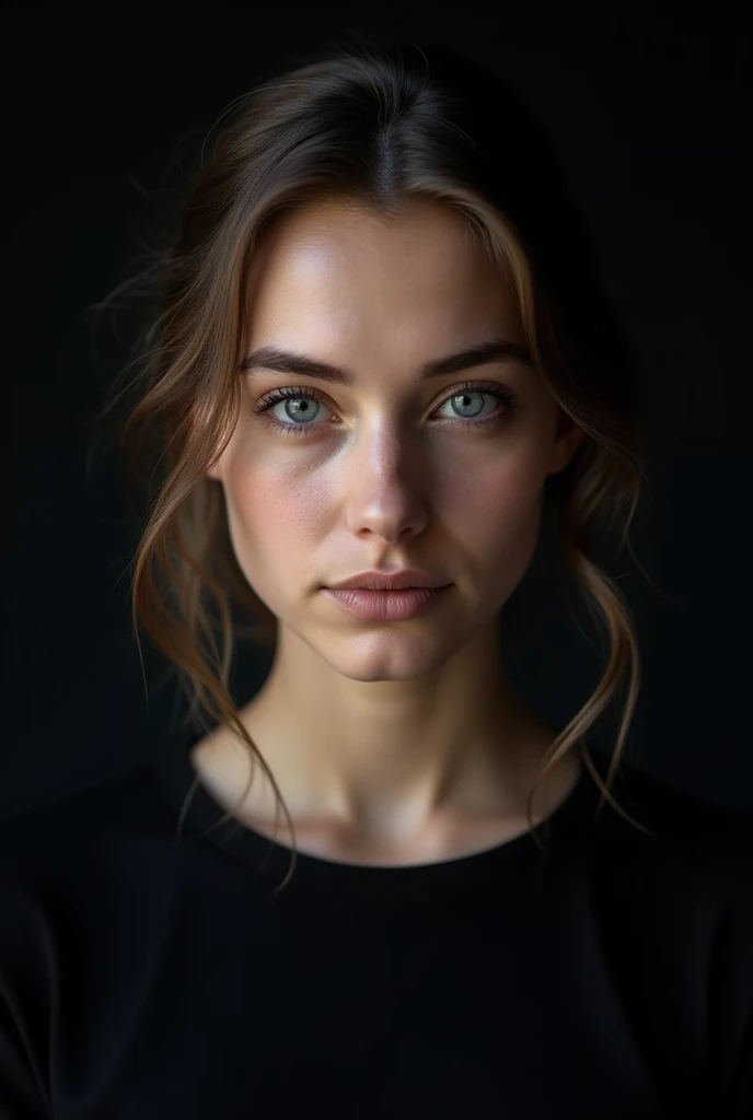 belle fille de 22 ans dans un studio avec un fond sombre, vêtue d'un haut noir. Pose frontale, Expression sérieuse, yeux gris clairs détaillés. Éclairage avant, mettant en évidence les ombres et les textures du visage. Appareil photo moyen format avec 100 mm f/2.8 lentilles/2.8, Résolution UHD 16K, style de portrait émotionnel, avec un accent sur les détails du visage
