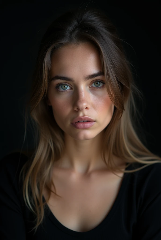 belle fille de 22 ans dans un studio avec un fond sombre, vêtue d'un haut noir. Pose frontale, Expression sérieuse, yeux gris clairs détaillés. Éclairage avant, mettant en évidence les ombres et les textures du visage. Appareil photo moyen format avec 100 mm f/2.8 lentilles/2.8, Résolution UHD 16K, style de portrait émotionnel, avec un accent sur les détails du visage
