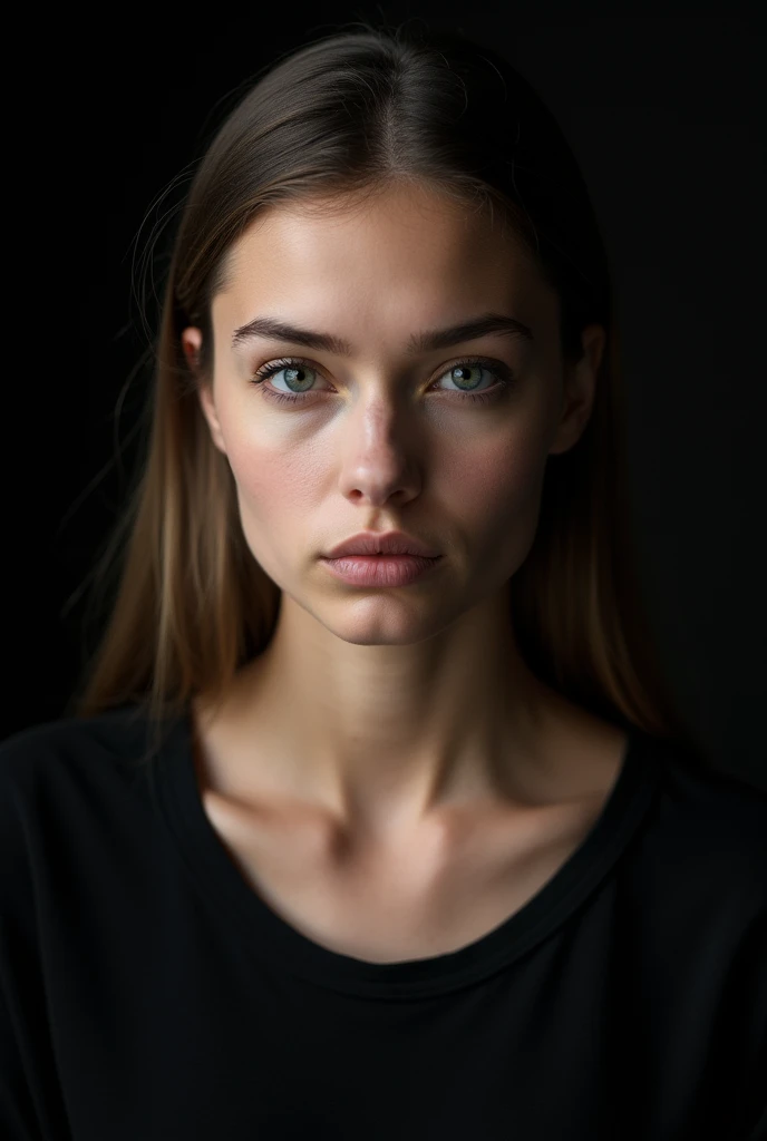 belle fille de 22 ans dans un studio avec un fond sombre, vêtue d'un haut ????. Pose frontale, Expression sérieuse, yeux gris clairs détaillés. Éclairage avant, mettant en évidence les ombres et les textures du visage. Appareil photo moyen format avec 100 mm f/2.8 lentilles/2.8, Résolution UHD 16K, style de portrait émotionnel, avec un accent sur les détails du visage
