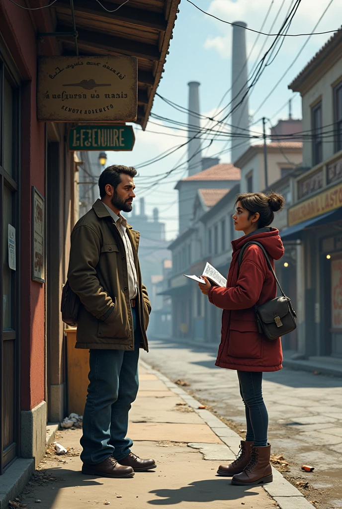 Environment: Street in front of the factory, with a more urban and slightly worn-out setting. Visual Details: Mr. Joaquim in a small store or on the sidewalk, with a hesitant expression. Clara with a notepad, asking Mr. Joaquim questions. Background with city elements, showing a typical atmosphere of an old neighborhood.
