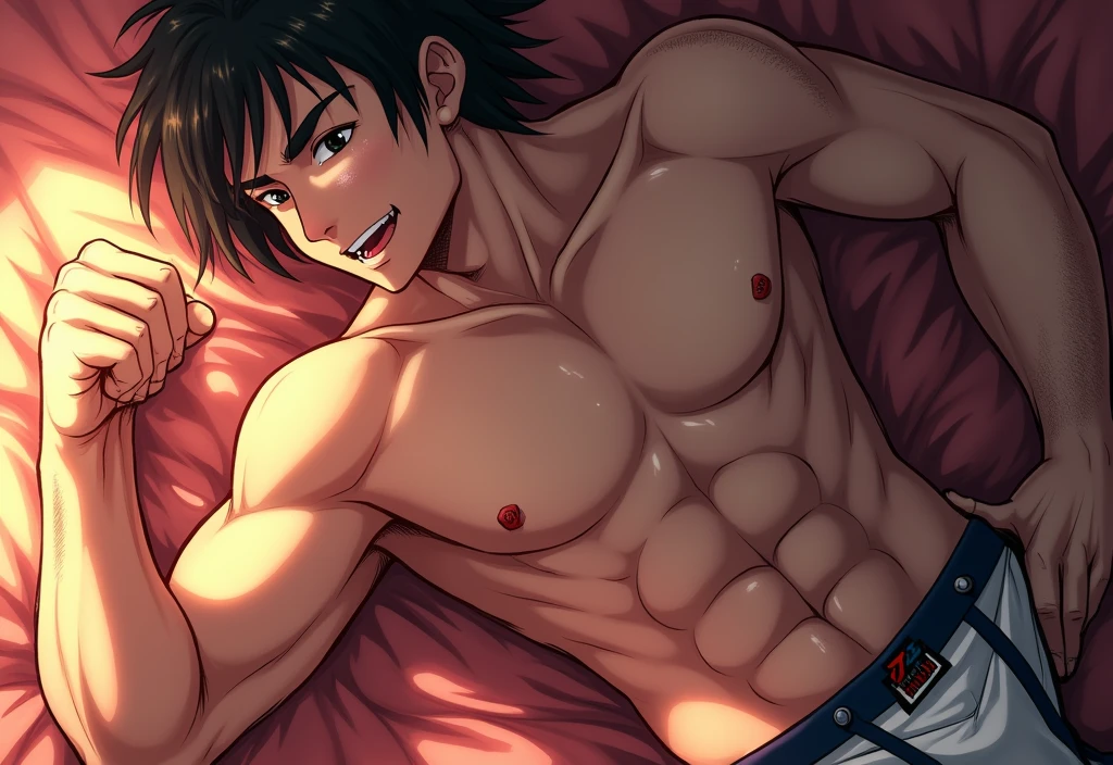 独奏, high resolution, saliva, Barba, slightly-smile, slightly-smile, from above view, scar on eye, anime styling, 肌肉男, underpant, wearing no shirt, pênis ereto na underpant. velues, wet with sweat, sensuous, hairy and sweaty armpits.
