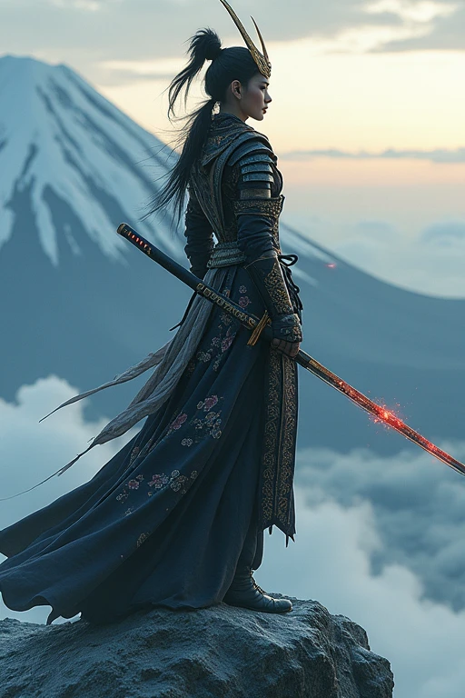 Femme-chat samurai mont fuji