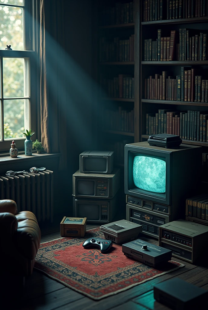 A collection of games in the corner of a dark room