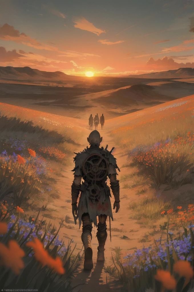 DON OF THE WASTES, walking in a field of wildflowers at sunset

