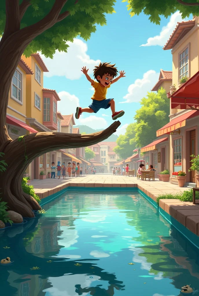  a boy jumping to a countryside  village square size pond from a curved tree towards pond. (some boy serialy standing behind him and preparing themselves for jumpimg)  