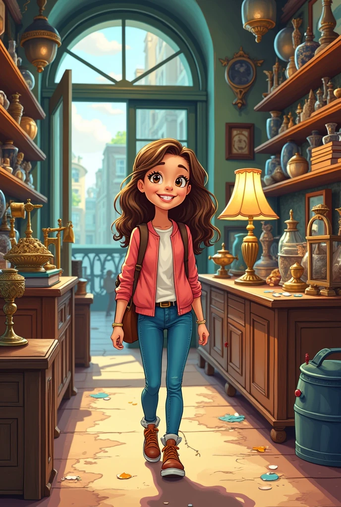 in cartoon drawing, has a young college girl going to an antique store 