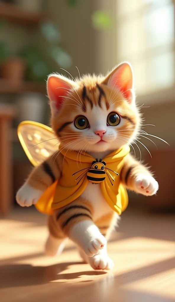 3D cute calico kitten character、Wearing a happy cicada costume、running、Inside the house、masterpiece, Background Blur, Shut your mouth., Belt decorated with cicadas、Highest quality,