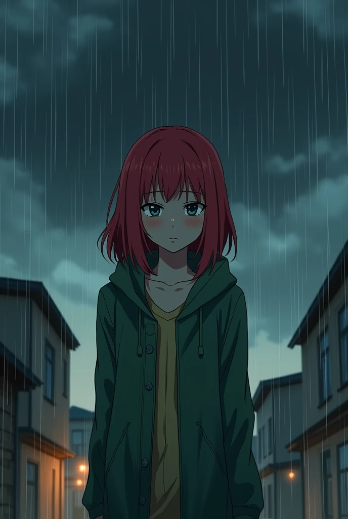 Young anime style red hair shoulder length sad in the rain, a black cloud follows her.Environment of everything going wrong. she cries. He wears a green jacket