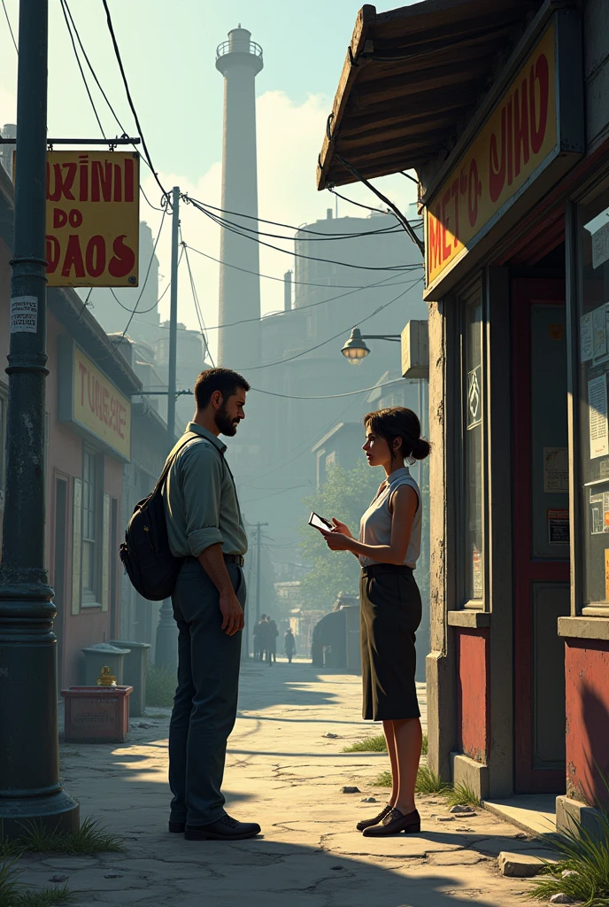 Environment: Street in front of the factory, with a more urban and slightly worn-out setting. Visual Details: Mr. Joaquim in a small store or on the sidewalk, with a hesitant expression. Clara with a notepad, asking Mr. Joaquim questions. Background with city elements, showing a typical atmosphere of an old neighborhood.
