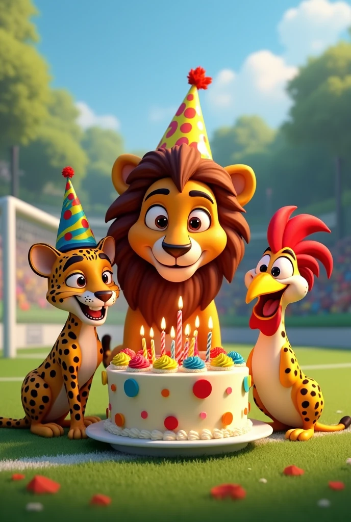 Pixar style image of leopard , gallo, Celebrating Lion's Birthday Birthday Cake on Soccer Field