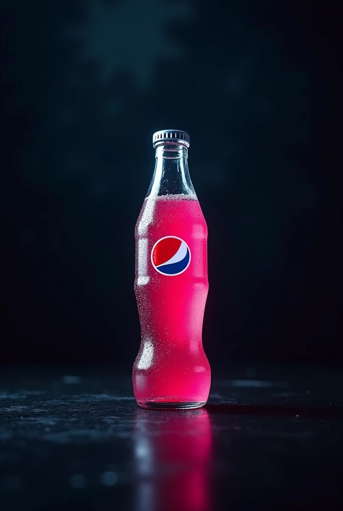 arafed bottle of PEPSI refrigerator with a pink liquid inside, dramatic product photography, commercial product photography, pbr render, hyper-realistic poison bottle, miniature product photo, product photography, product photography 4 k, hyper-realistic colorful photo, “hyper realistic, PEPSI, dramatic product photo, hyper-realistic detailed rendering, refrigerator, against a deep black background, 35mm Product Photo, brushed glass bottle, image on the horizon line"