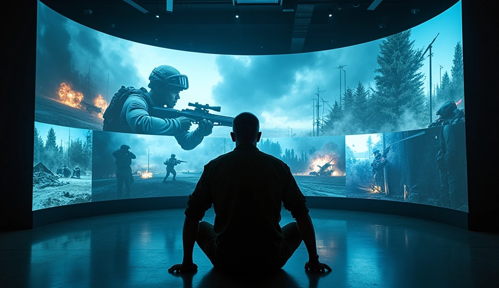 "Design a dark room with holographic images of battle simulations surrounding a soldier sitting at the center. He is focused, with multiple combat scenarios rotating around him, giving the impression that he is immersed in different war situations. The room should feel high-tech and intense, highlighting the mental challenges soldiers face during training."