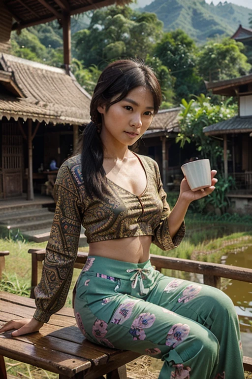 Beautiful 30-year-old Thai woman wearing Changpant, elephant-patterned pants, drinking coffee in the countryside. The background of the village consists of traditional wooden houses, green rice fields, and a quiet atmosphere, reflecting the simplicity and beauty of rural Thai life. 3D oil painting, sharp and realistic.