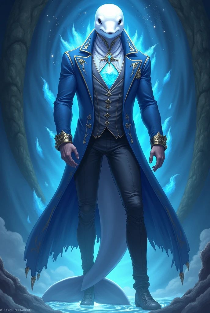 A unique being with a beluga whale's head and a tall, muscular human body. His skin is smooth and white like a beluga's. He wears a blue Victorian-era coat with gold details, and a glowing blue jewel on his chest shines like stars in the ocean's depths. His eyes, filled with blue magic, glow like the night sky. A large beluga tail extends from his lower back, and powerful water magic swirls around him, enhancing his mystical presence. Anime style