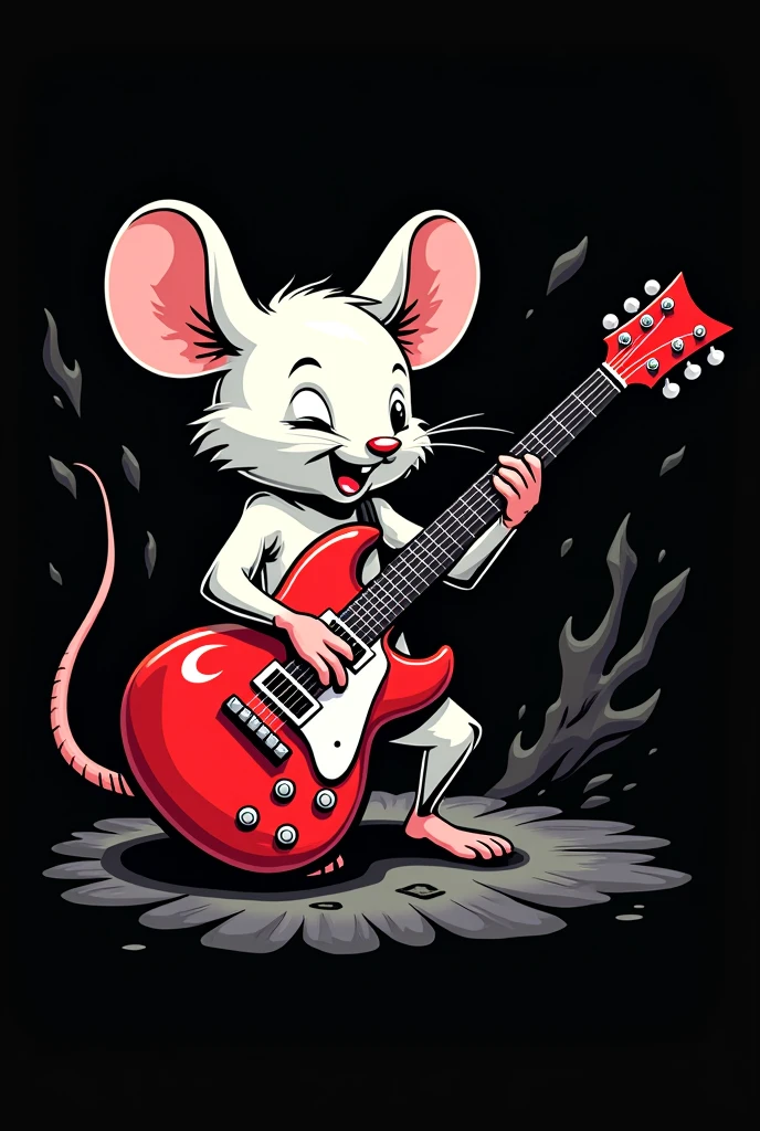 Make an image of a white mouse playing a red guitar and the black background has to be cartoonish and a little scary and make it as if it were a rock logo and on the guitar it has to say beggarous
