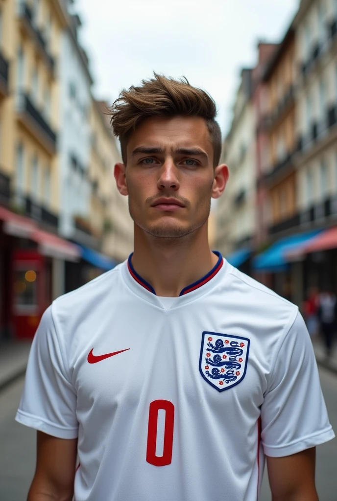 photography realistic, europe a young man, ultra hd, city, england jersey.