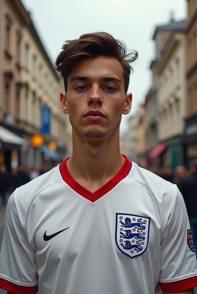 photography realistic, europe a young man, ultra hd, city, england jersey. 
