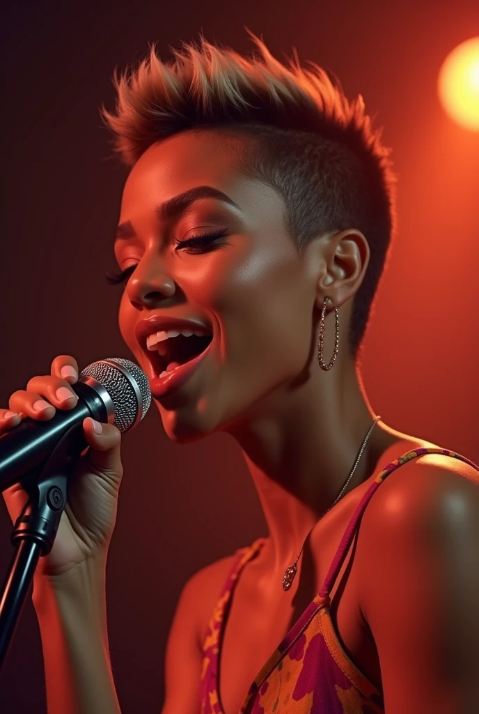 Belle jeune fille au teint noir bronsé, de 24 ans . artiste musicien , une coiffure tapers dégradé, le micro de face qui chante avec rythme ,une chanson RnB/pop