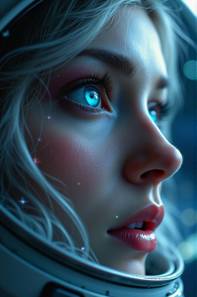 (Close-up of a better masterpiece:1.5)0.9], (Space and astronauts:1.2) (Messy silver hair:1.1) (Heterochromia xanthochromia and blue eyes:1.2) (Space Helmet:1.0) (Colored stars in the eyes:1.0) (A radiant glow:1.1) (thick lips:0.9)