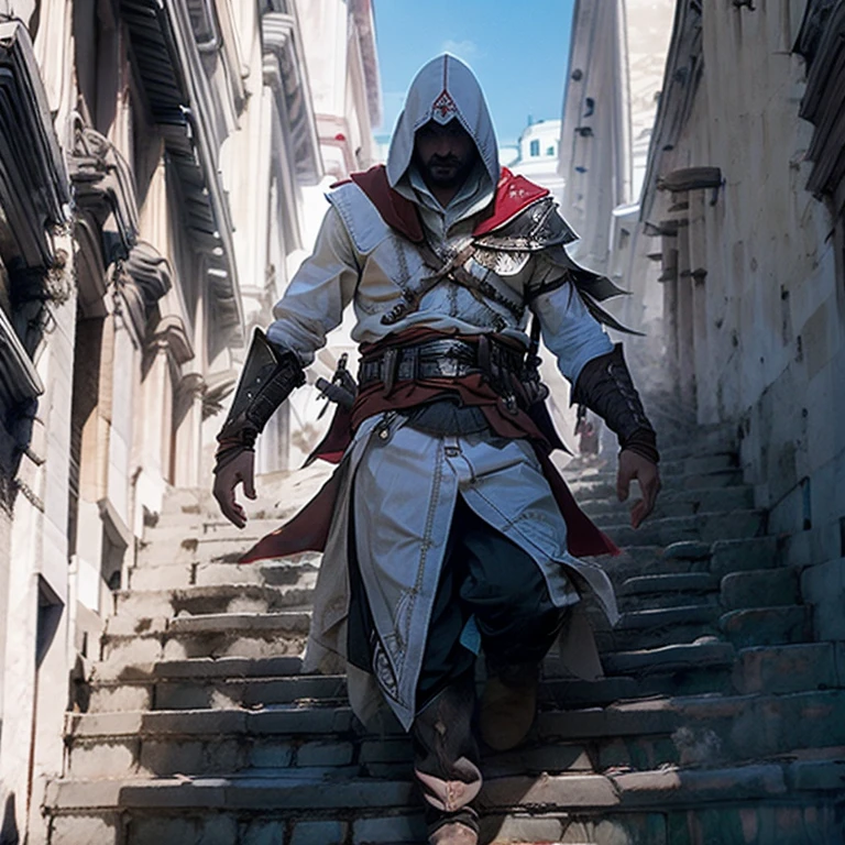solo, 1boy, Pancho Villa with a mustache wearing a Mexican revolutionary outfit, long_sleeves, full_body, weapon, male_focus, boots, outdoors, day, belt, sword, pants, hood, cape, black_footwear, sash, bird, shaded_face, building, sheath, hood_up, sheathed, stairs, vambraces, weapon_on_back 