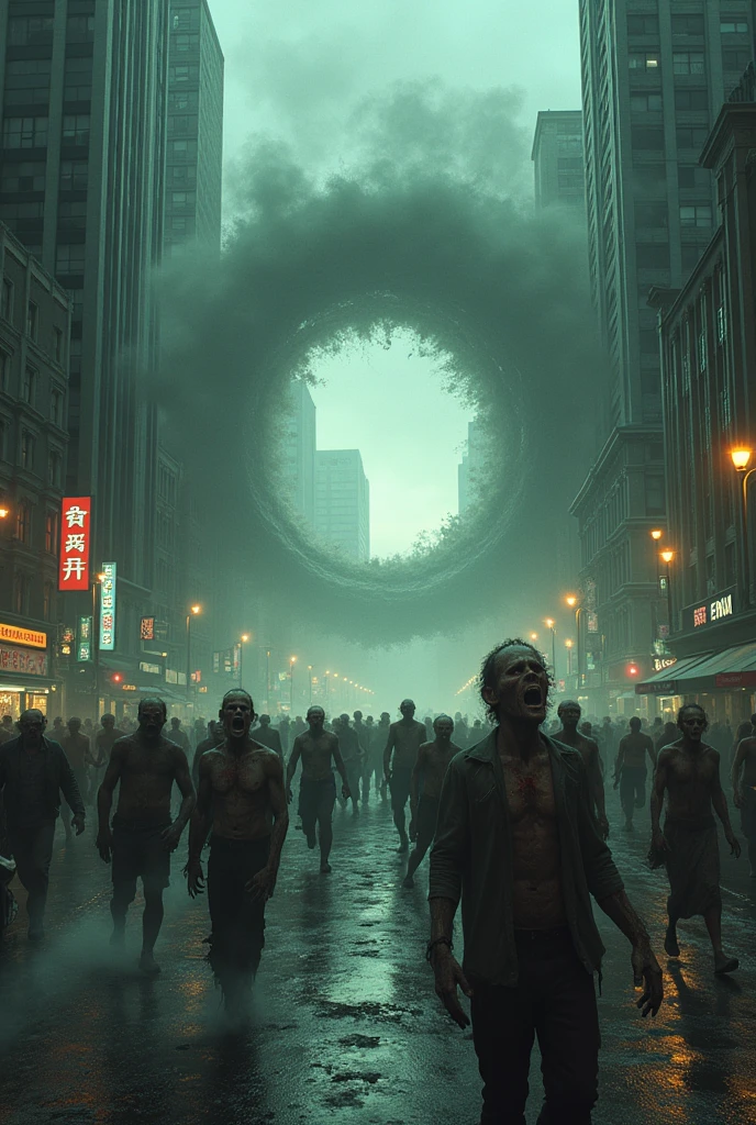 a portal opening in the middle of a street and zombies coming out of it