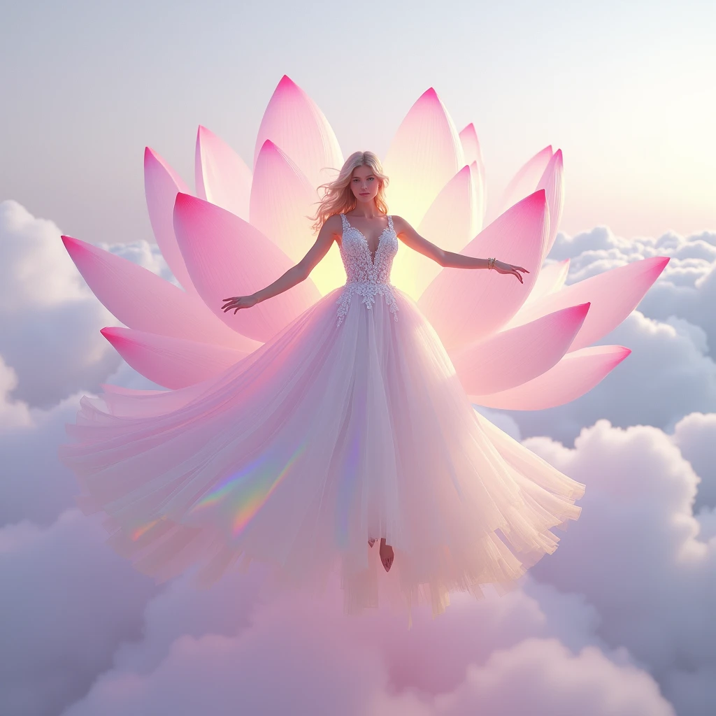  running on clouds, background color pale lilac lilac in the distance from the fog around and at the feet, minimalist, elegant, pure gentle, soft lilac light, veil,lace,photorealistic. Giant White Lotus , with huge and long rainbow petals. (petal made of thin and soft tulle, flowing petals full background, floating petals, hyperflying petals, at the feet A mixture of rainbow smoke and fog effects from colored pale blue fog on the ground and petals). Extravagant, beautiful woman full length, nice legs,shoes, in a fast dance in a flying pose, (Ultra detailed face, hyperrealistic) posing Giant Rainbow Lotus , center of rainbow in photo, woman looking at viewer, разрешение 8 K, masterpiece, top quality, the skirt flutters strongly in the wind,Tyndall phenomenon，white staircase to heaven, beautiful blonde, Best quality, super detailed, valid,professional，white fluffy lace wedding dress，train сильно развивается на ветру, extravagant, lots of lace on the dress, train, Rows of pale lilac and violet rays, cloud, light multi-colored fog，White minimalist, partial reflection，Desktop wallpaper， , 8 K,12K,
