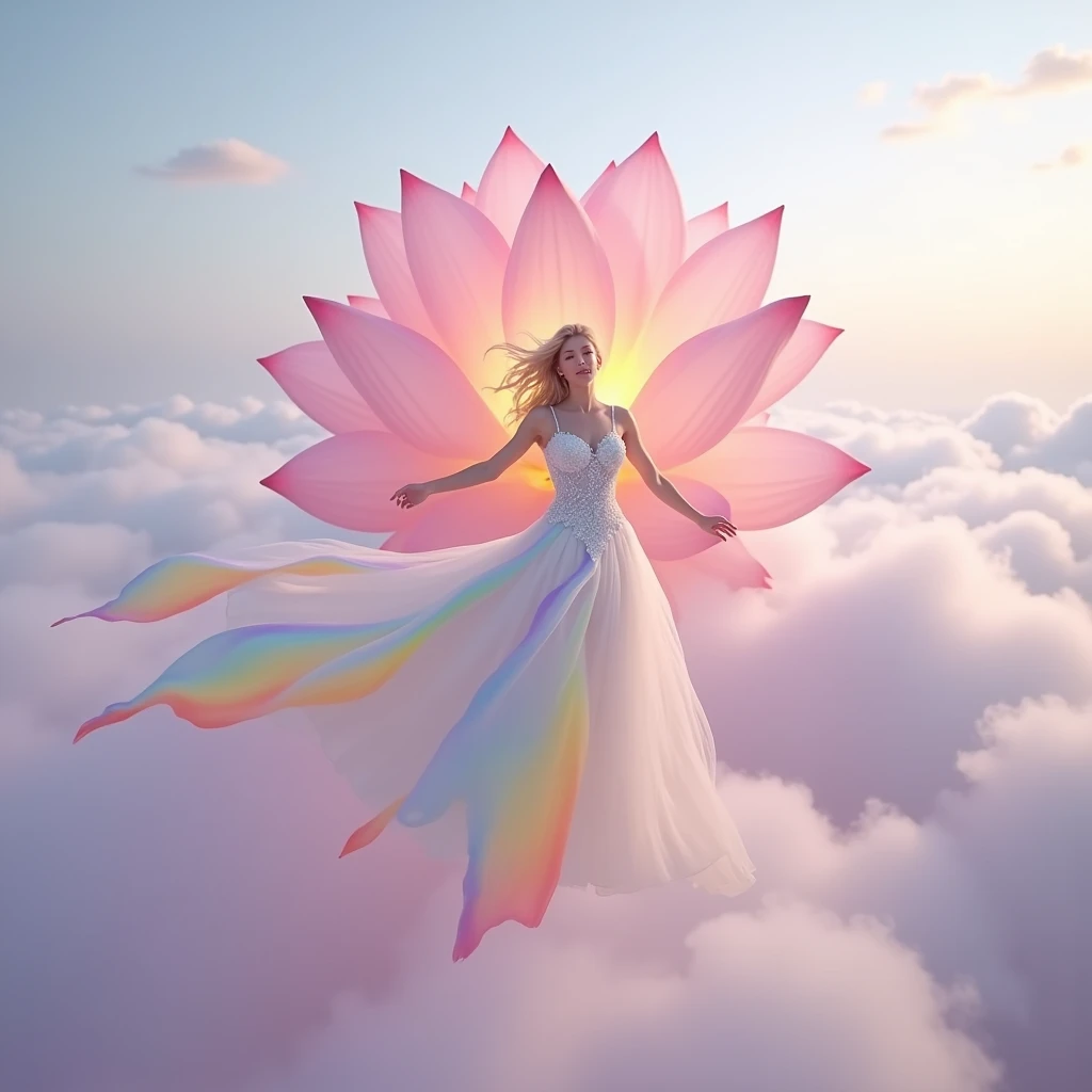 running on clouds, background color pale lilac lilac in the distance from the fog around and at the feet, minimalist, elegant, pure gentle, soft lilac light, veil,lace,photorealistic. Giant White Lotus , with huge and long rainbow petals. (petal made of thin and soft tulle, flowing petals full background, floating petals, hyperflying petals, at the feet A mixture of rainbow smoke and fog effects from colored pale blue fog on the ground and petals). Extravagant, beautiful woman full length, nice legs,shoes, in a fast dance in a flying pose, (Ultra detailed face, hyperrealistic) posing Giant Rainbow Lotus , center of rainbow in photo, woman looking at viewer, разрешение 8 K, masterpiece, top quality, the skirt flutters strongly in the wind,Tyndall phenomenon,white staircase to heaven, beautiful blonde, Best quality, super detailed, valid,professional,white fluffy lace wedding dress,train сильно развивается на ветру, extravagant, lots of lace on the dress, train, Rows of pale lilac and violet rays, cloud, light multi-colored fog,White minimalist, partial reflection,Desktop wallpaper, , 8 K,12K,