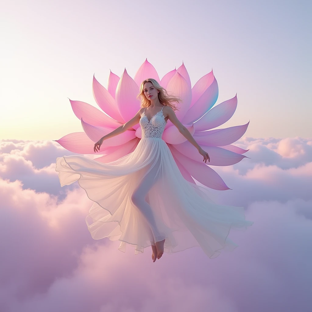  running on clouds, background color pale lilac lilac in the distance from the fog around and at the feet, minimalist, elegant, pure gentle, soft lilac light, veil,lace,photorealistic. Giant White Lotus , with huge and long rainbow petals. (petal made of thin and soft tulle, flowing petals full background, floating petals, hyperflying petals, at the feet A mixture of rainbow smoke and fog effects from colored pale blue fog on the ground and petals). Extravagant, beautiful woman full length, nice legs,shoes, in a fast dance in a flying pose, (Ultra detailed face, hyperrealistic) posing Giant Rainbow Lotus , center of rainbow in photo, woman looking at viewer, разрешение 8 K, masterpiece, top quality, the skirt flutters strongly in the wind,Tyndall phenomenon，white staircase to heaven, beautiful blonde, Best quality, super detailed, valid,professional，white fluffy lace wedding dress，train сильно развивается на ветру, extravagant, lots of lace on the dress, train, Rows of pale lilac and violet rays, cloud, light multi-colored fog，White minimalist, partial reflection，Desktop wallpaper， , 8 K,12K,