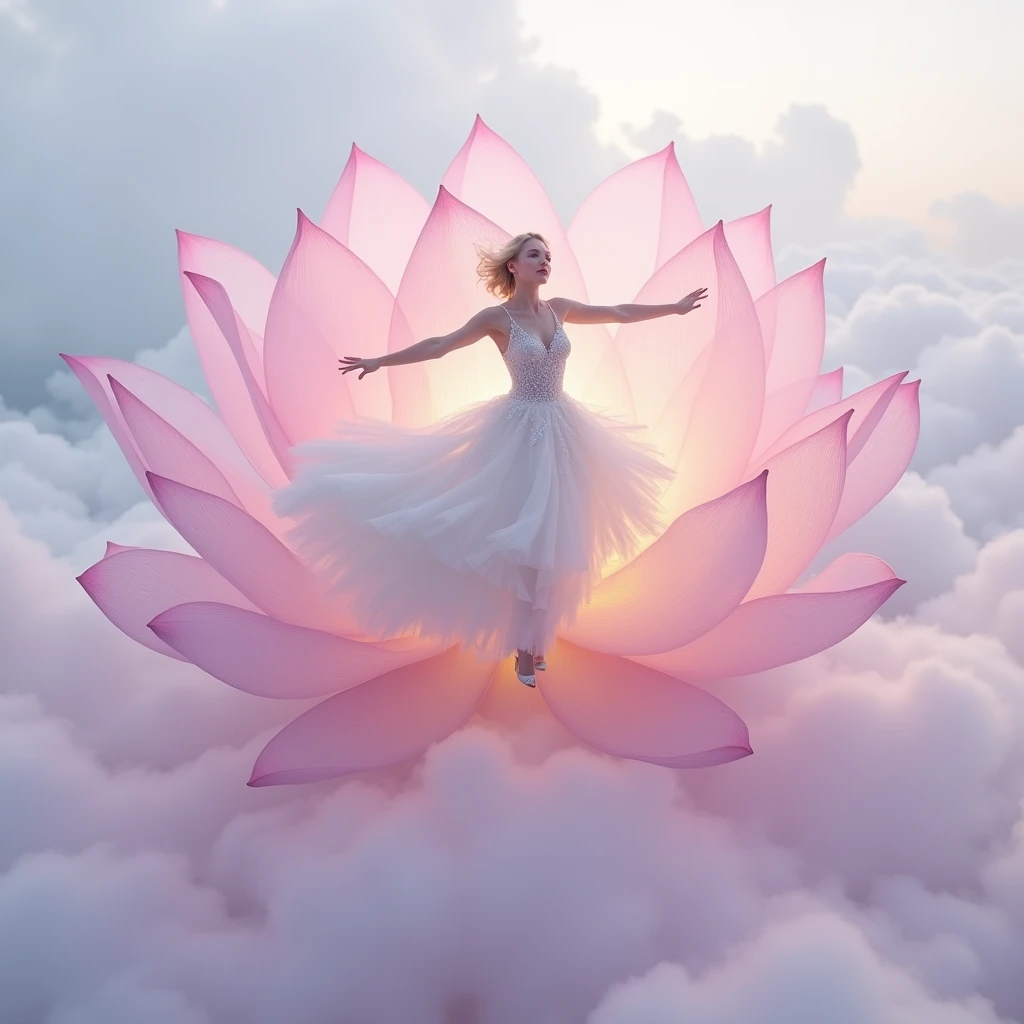 running on clouds, background color pale lilac lilac in the distance from the fog around and at the feet, minimalist, elegant, pure gentle, soft lilac light, veil,lace,photorealistic. Giant White Lotus , with huge and long rainbow petals. (petal made of thin and soft tulle, flowing petals full background, floating petals, hyperflying petals, at the feet A mixture of rainbow smoke and fog effects from colored pale blue fog on the ground and petals). Extravagant, beautiful woman full length, nice legs,shoes, in a fast dance in a flying pose, (Ultra detailed face, hyperrealistic) posing Giant Rainbow Lotus , center of rainbow in photo, woman looking at viewer, разрешение 8 K, masterpiece, top quality, the skirt flutters strongly in the wind,Tyndall phenomenon,white staircase to heaven, beautiful blonde, Best quality, super detailed, valid,professional,white fluffy lace wedding dress,train сильно развивается на ветру, extravagant, lots of lace on the dress, train, Rows of pale lilac and violet rays, cloud, light multi-colored fog,White minimalist, partial reflection,Desktop wallpaper, , 8 K,12K,