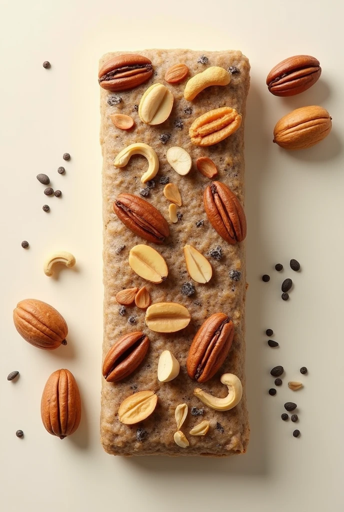 A label for a banana cereal bar, aveia, molasses, cashew nut, Brazil nut, peanut, chia and nuts. I need you to package this product. No words on package.