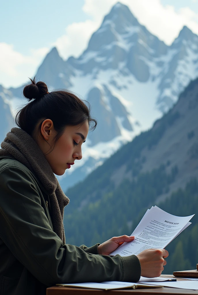 One with a landscape of mountains behind where she is on the left side concentrated holding a test
