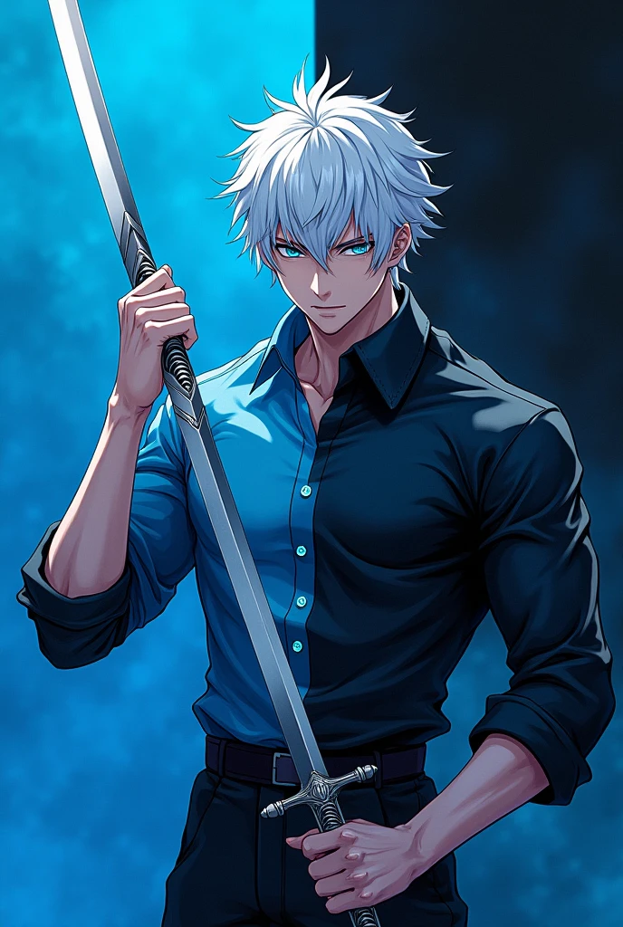 Male anime character with white hair, blue eyes, muscular and with a sword and a half cyan and half black shirt in a half blue and half black setting