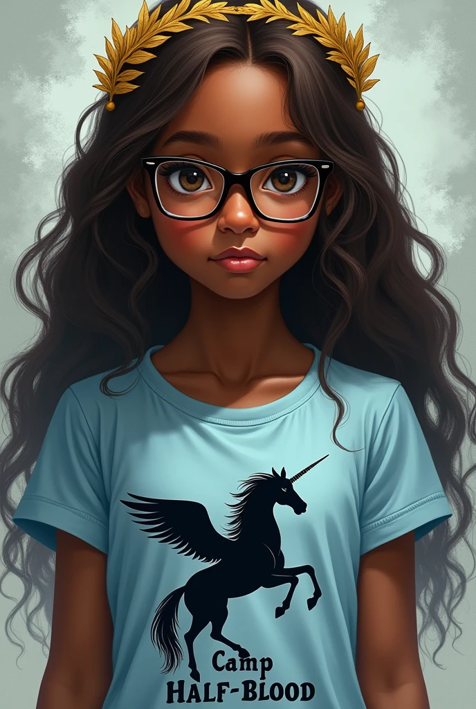 Dark skinned girl with long brown hair and glasses wearing a light blue t-shirt that has a black pegasus on it that says Camp Half-Blood and a golden laurel wreath
