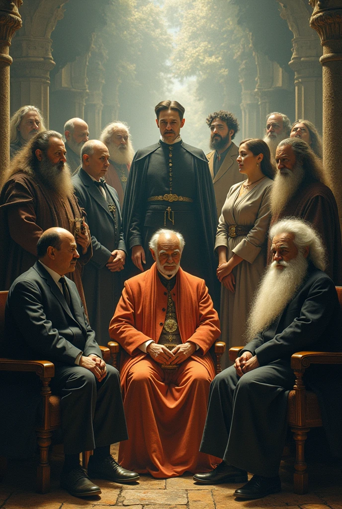 Create Nikola Tesla and Dom Pedro II and Machado de Assis and Sigmund Freud and Osho and Doctor Eneas Ferreira Carneiro and Da Vinci and Diogenes and Osho and Marie Curie all together